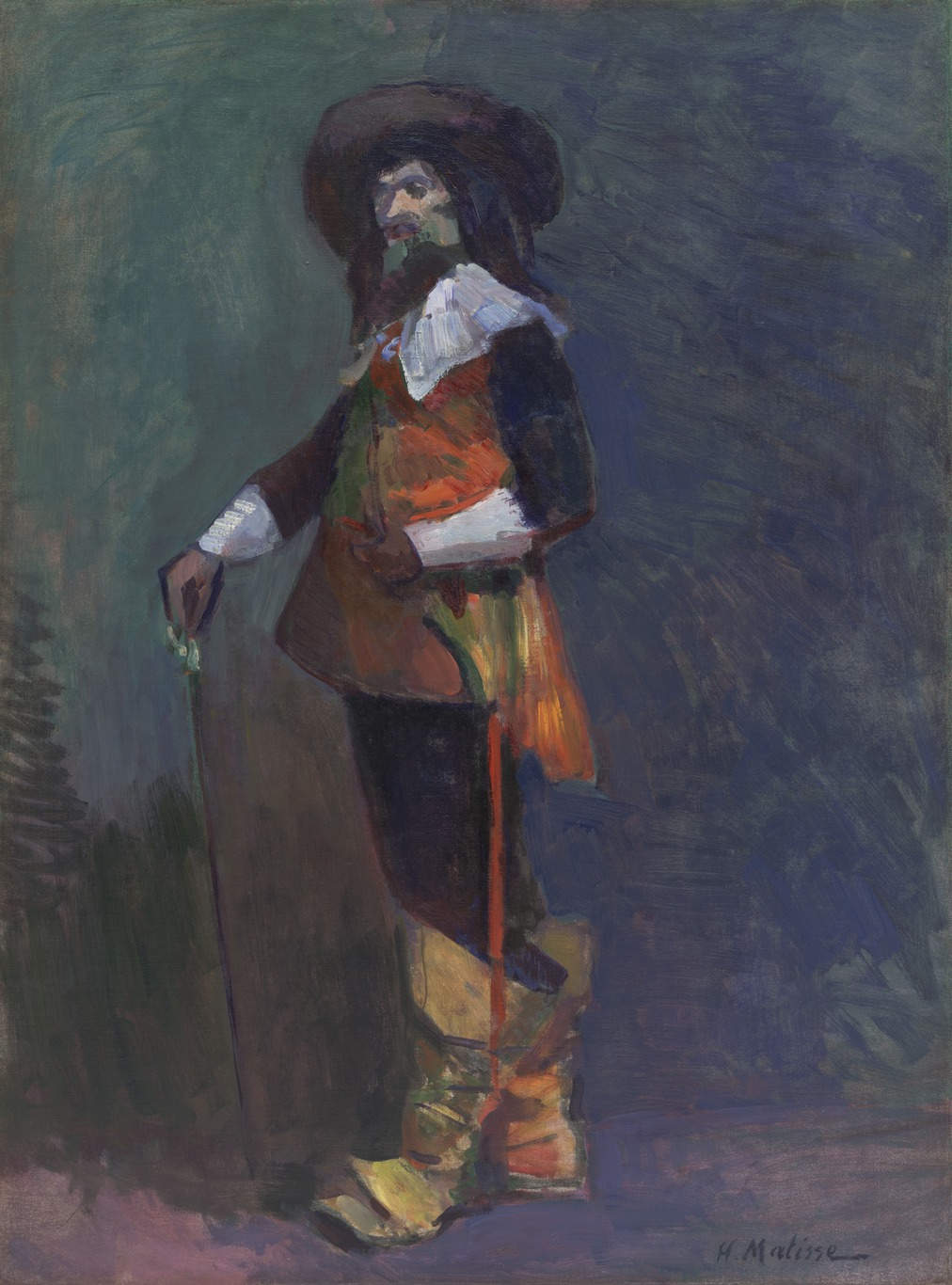 Full-length musketeer in wide hat, orange doublet, dark sleeves and breeches, and yellow boots stands three-quarter view with a cane; crisp white collar and cuffs; set against a cool blue-green, brushy background that reads as atmospheric space rather than detailed interior.