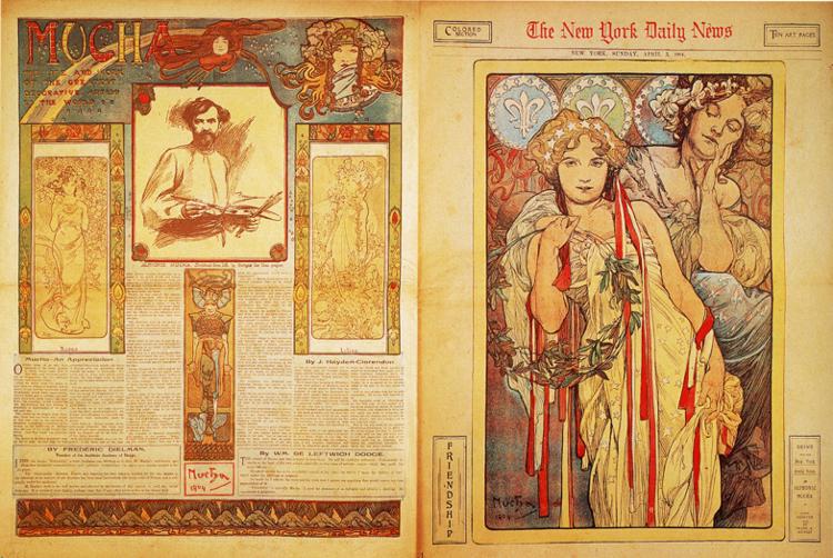 Two-page 1904 spread designed by Alphonse Mucha for The New York Daily News. Left page presents an article framed with Art Nouveau panels and a portrait sketch of the artist; right page features a large image titled “Friendship” showing a young woman holding a laurel wreath with long red-and-white ribbons while another woman leans behind her, all set against a patterned field of lilies and blossoms beneath the newspaper masthead.