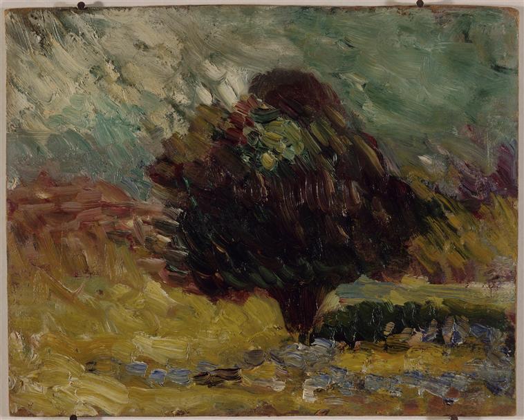 Small landscape showing a dense, dark olive tree set against a breezy blue-green sky and ochre field; thick, sweeping brushstrokes create a sense of wind and movement across the scene.