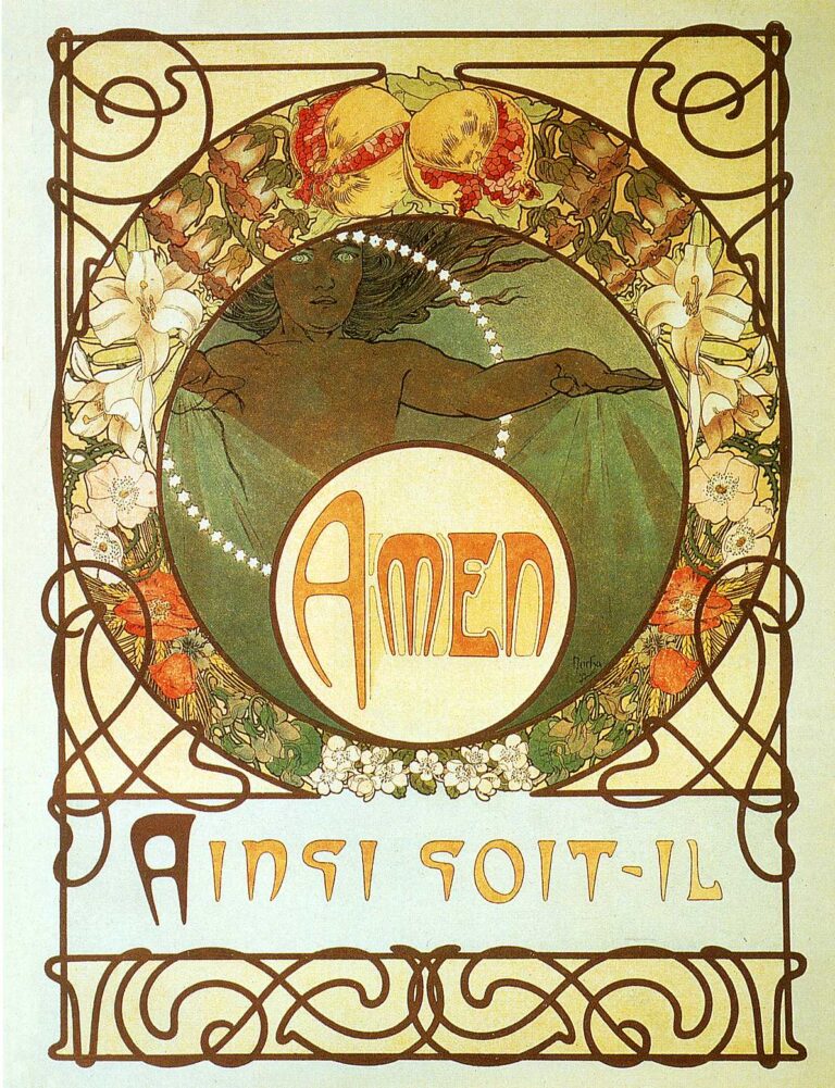 Art Nouveau poster by Alphonse Mucha showing a central circular window with a calm, draped female figure encircled by a ring of white star-like beads, surrounded by a wreath of lilies, pomegranates, and flowers; below, a roundel with the word “AMEN” and the phrase “AINSI SOIT-IL,” all framed by flowing brown interlaced lines on a pale ground.