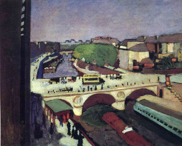 Elevated view of Pont Saint-Michel with a pale sunlit bridge, three reddish arches, small figures and a tram on the deck, dark barges and a train below, a green tree mass and simplified buildings beyond, under a soft mauve sky framed by a dark vertical at left.