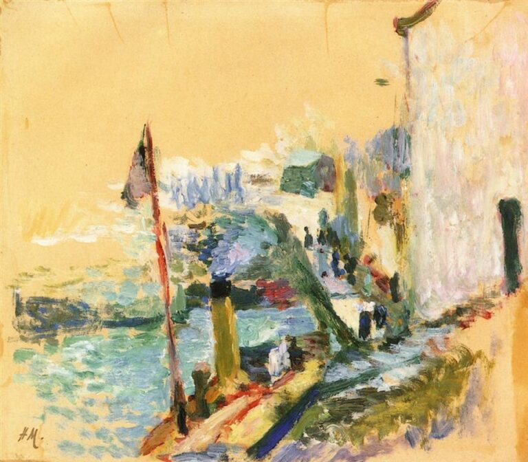 A small coastal town seen from a quay with a large pale wall at right, a slender red mast at left, and turquoise water flickering in short strokes; dark dabs suggest people along a diagonal road, and a warm ochre ground serves as bright sky and sunlit street.