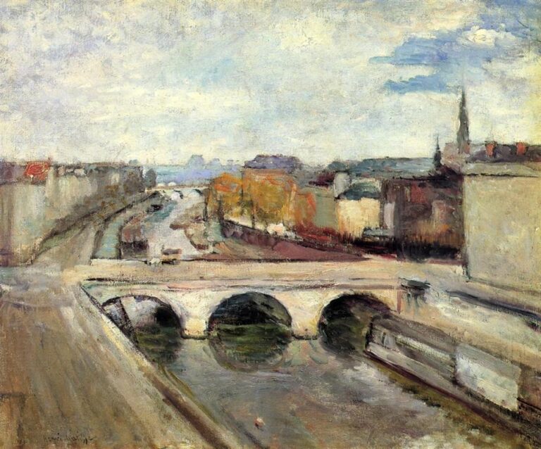 Elevated view of the Pont Saint-Michel under a pale, cloudy sky, the light deck crossing three dark arches over the Seine, autumn trees and simplified buildings lining the distant quays, with soft grays, creams, and muted greens creating a hazy, luminous atmosphere.