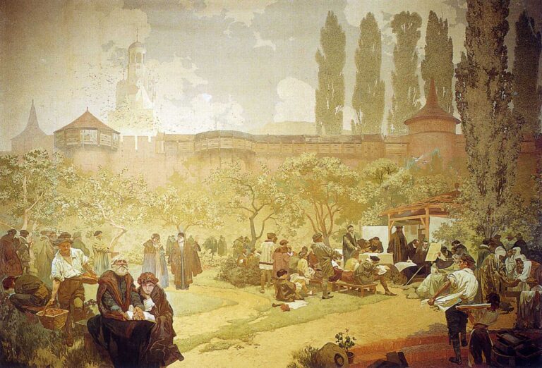 Large mural by Alphonse Mucha showing an orchard below fortress walls where scholars, printers, and townspeople collaborate at benches and a small press; pages are read and corrected in open air while villagers with baskets move among flowering trees, all bathed in warm light beneath distant towers.