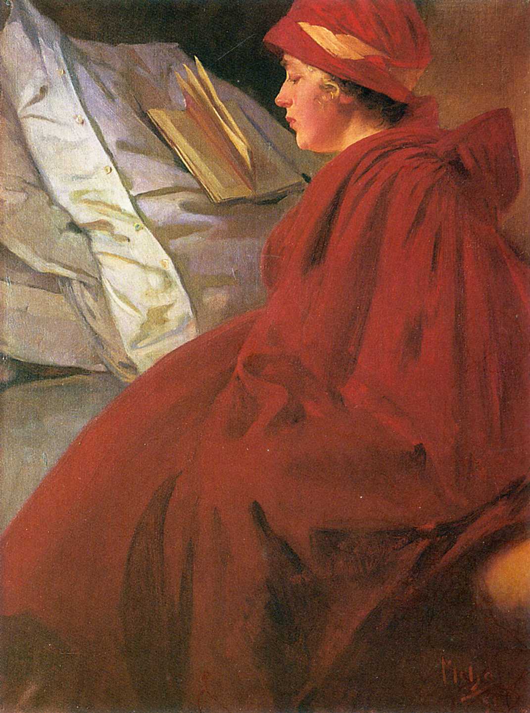 A side-profile woman wearing a red headscarf and voluminous red cape sits beside a bed, facing an open book resting on cool white sheets; warm light touches her cheek while deep folds of the cape dominate the composition, creating a calm, intimate interior.