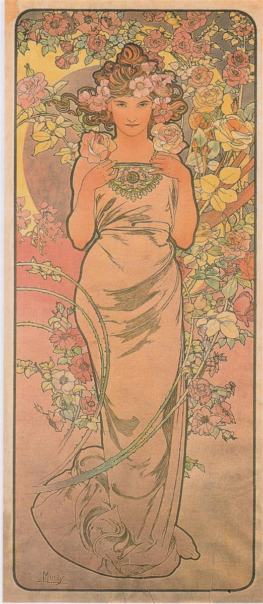 Tall Art Nouveau panel by Alphonse Mucha showing a front-facing woman in pale drapery, crowned with roses and holding two blossoms near an ornate necklace. A pink-gold gradient background, thorny canes curving across the lower half, and a dense field of roses surround her within a rounded border. 1898.