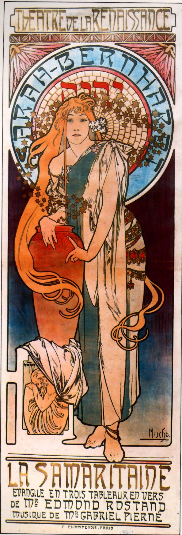 Tall Art Nouveau poster by Alphonse Mucha for “La Samaritaine,” showing a barefoot woman with long auburn hair bending toward a large terracotta water jar, framed by a blue circular halo with Hebrew letters and star motifs. Ornamental title bands appear at top and bottom with credits for the play and theater, 1897.