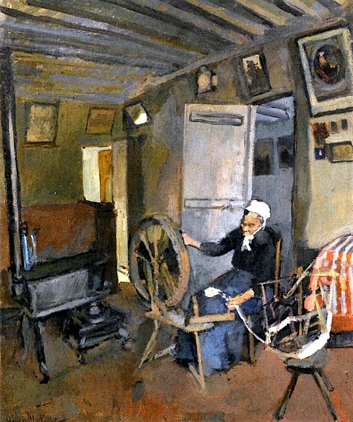 Long, low-ceilinged Picardy interior with a black stove at left, a seated woman in a white coif operating a large wooden wheel, and a tripod skein winder with white yarn at right; pale door and angled pictures on the back wall; subdued grays, olives, and browns with a striped cloth adding a small red-and-white accent.