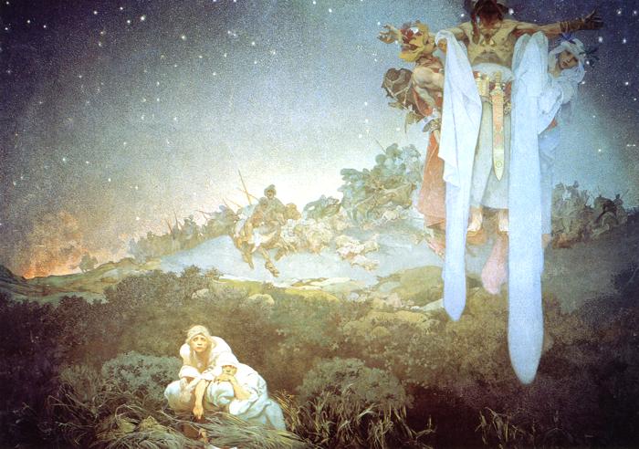 Night scene from The Slav Epic by Alphonse Mucha: a mother in white crouches with a child in grasses; on a ridge behind them armed horsemen rush past under a field of stars; at upper right a monumental armed figure with streaming white draperies and attendants hovers like a protective apparition, all painted in cool pearly blues and greens.