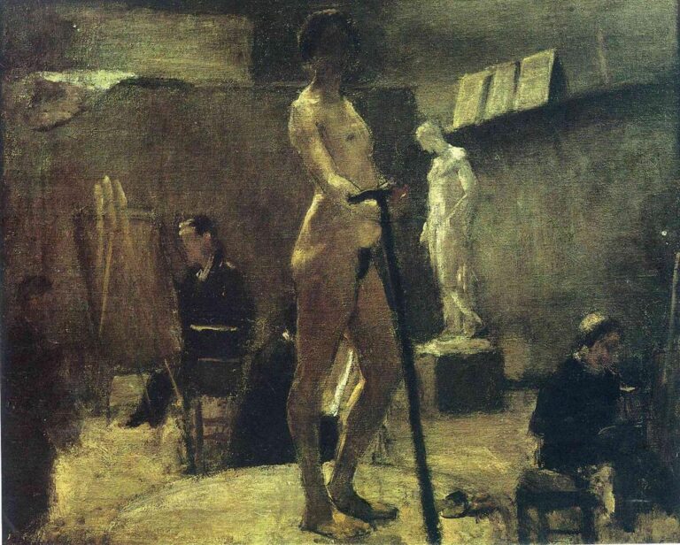 Dimly lit studio scene by Henri Matisse, 1895, with a nude model standing center holding a staff, students drawing at easels, a white plaster statue on a pedestal, and earthy brown-gray tones suggesting the atmosphere of Gustave Moreau’s atelier.