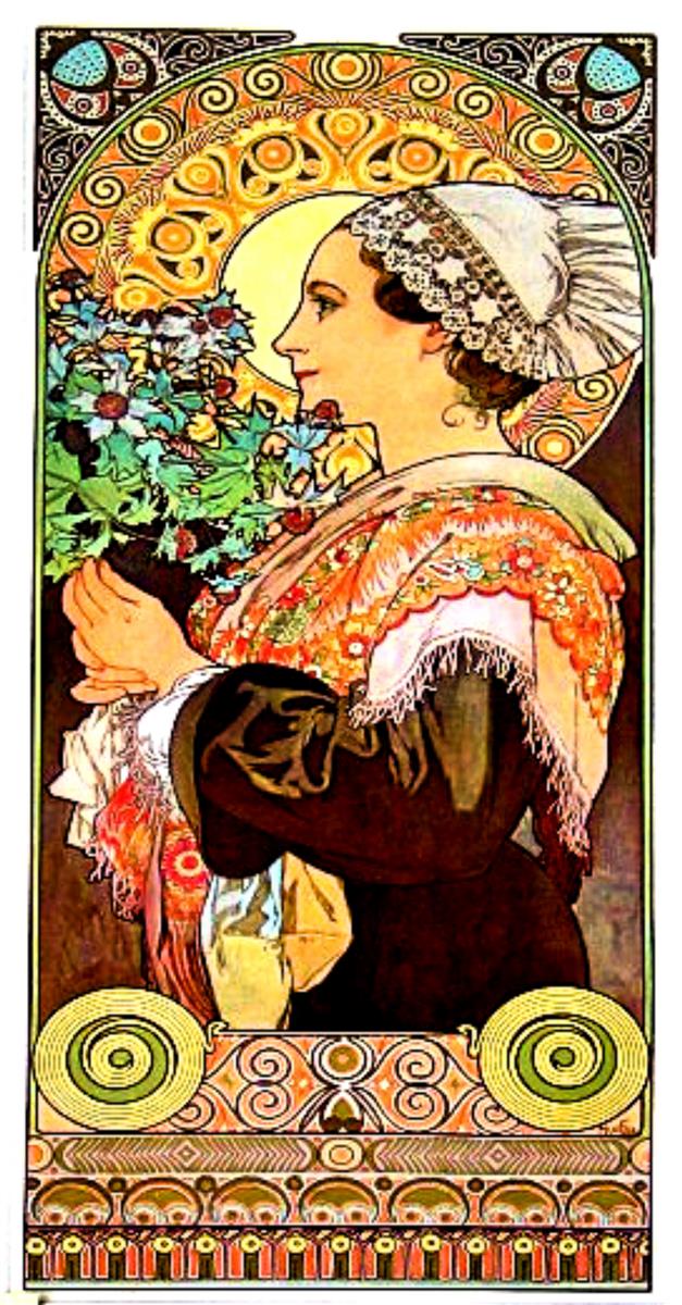 Tall Art Nouveau panel by Alphonse Mucha showing a woman in profile wearing a lace cap and embroidered shawl, holding a bouquet of thistles before a glowing circular halo; ornate spirals and rosettes frame the figure above a patterned base of gold and coral tones.