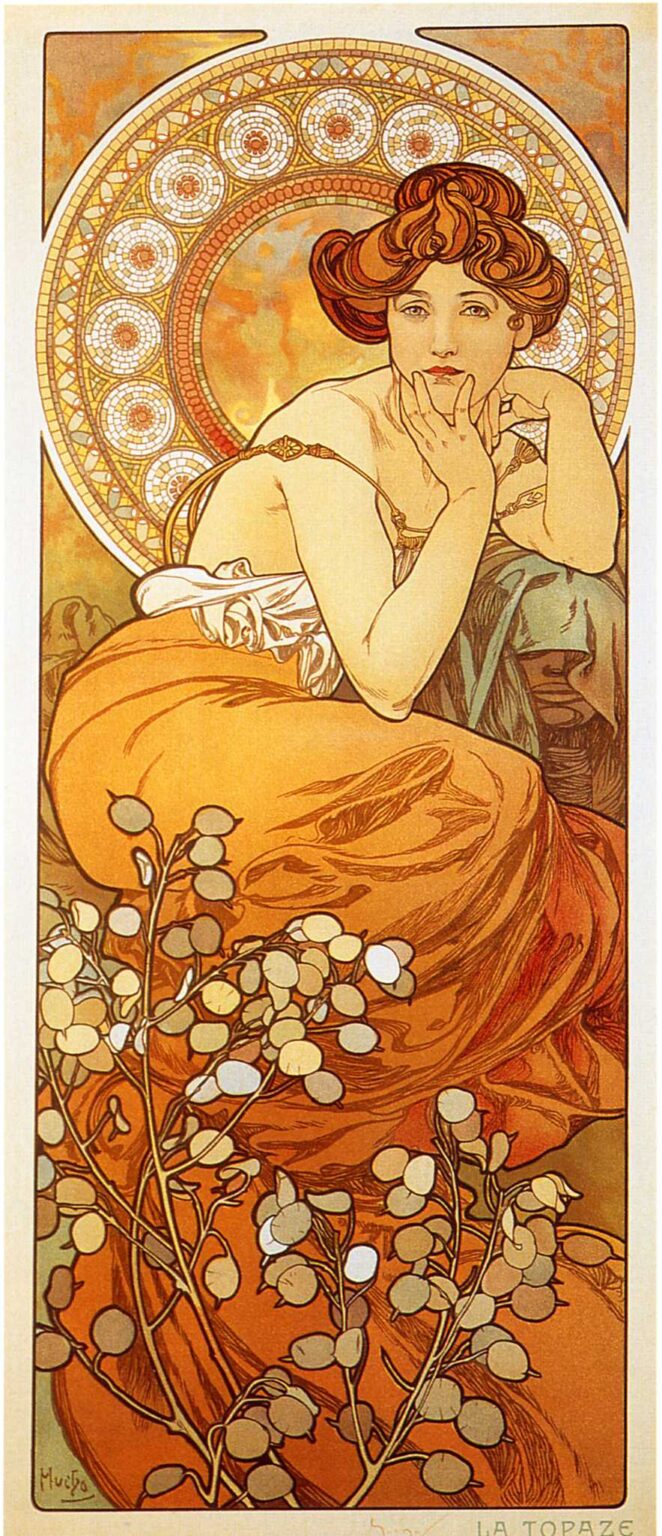 Tall Art Nouveau panel by Alphonse Mucha showing a seated woman in warm amber drapery, one hand touching her lips as she leans forward; behind her a large circular mosaic halo glows in gold and cream; a marbled orange background suggests light; in the foreground, branching stems with round, translucent seed pods overlap the lower half of the figure.