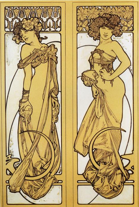 Two narrow Art Nouveau panels by Alphonse Mucha show full-length women in flowing gowns with floral adornments, drawn in dark umber line on warm ocher grounds. The left figure turns away while glancing back; the right faces forward with a hand at her waist. Each panel includes crescent-like curves around the lower drapery and is framed by geometric floral borders.