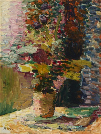 A small vertical canvas shows a bouquet in a vase painted with thick, short strokes of yellow, green, red, and violet; the table and backdrop dissolve into bands of cream, rose, blue, and olive, creating a vibrating, textured surface where edges are formed by color rather than outline.