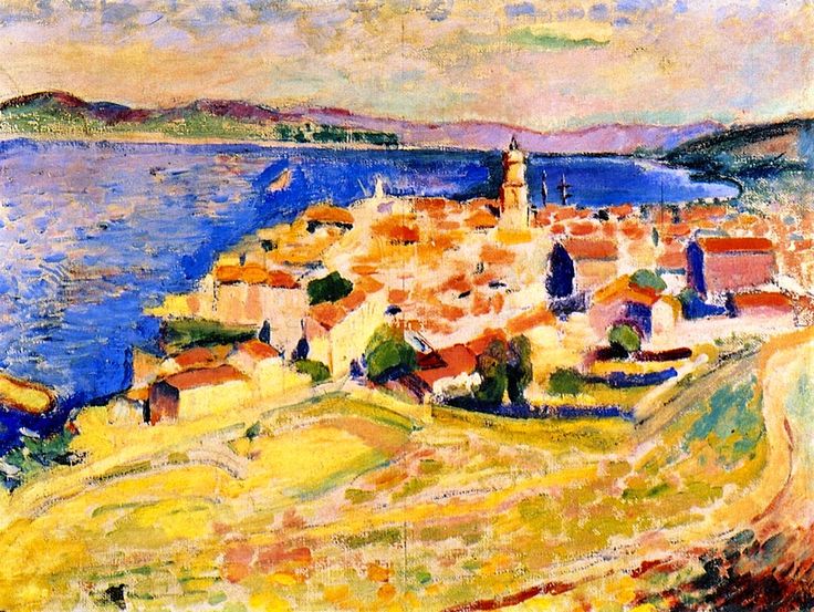 A sunlit panorama of Saint-Tropez from a hillside, with lemon-yellow slopes, clusters of red-tiled roofs around a central bell tower, and a broad cobalt sea under a pastel sky, painted in broken, high-key strokes characteristic of Matisse’s 1904 style.