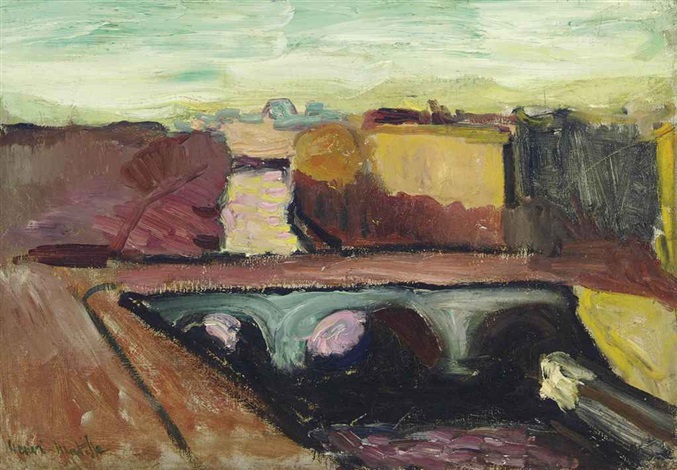 Expressionist view of Paris’s Pont Saint-Michel from an elevated angle; two dark arches span the Seine with lilac reflections beneath; ochre and plum building blocks line the river; a mint-green sky hovers above; thick, visible brushstrokes simplify architecture into rhythmic forms.