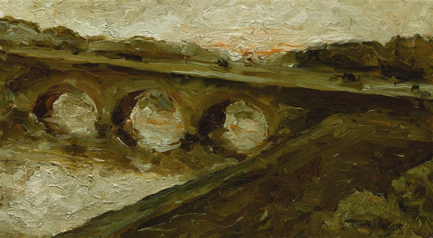 Small oil painting of a Parisian bridge with three arches crossing a river under a pale, clouded sky; predominantly olive-brown tones with heavy, textured brushstrokes; a diagonal embankment fills the foreground, and a faint orange glow touches the far horizon.