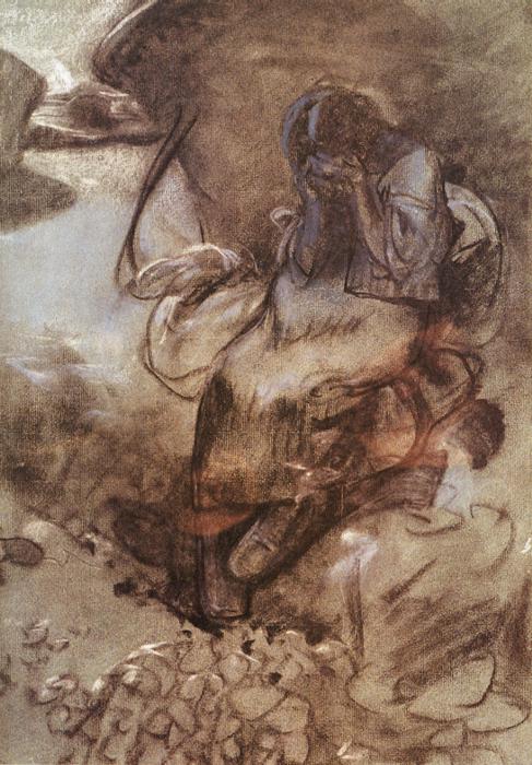 Sepia-toned mixed-media study by Alphonse Mucha showing a young woman bent forward, one arm raised to cover her face, wrapped in billowing drapery; forms are sketched and smudged in charcoal and chalk with soft white highlights, creating a swirling, shadowy atmosphere of sorrow.