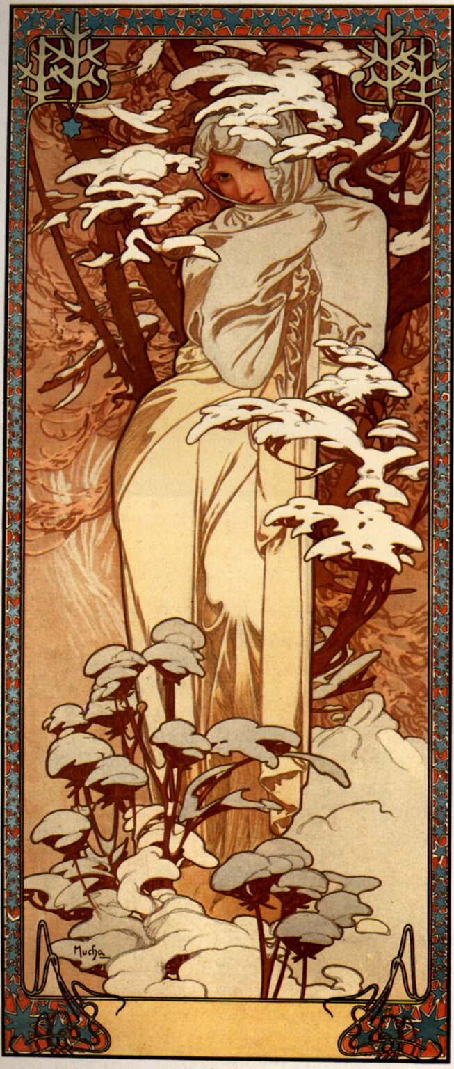 Tall Art Nouveau panel by Alphonse Mucha showing a hooded woman wrapped in a pale mantle, standing among snow-covered branches and plants. Warm brown background contrasts with creamy white snow; a jeweled star-pattern border frames the scene. The figure looks sideways with a subtle, warm gaze. 1897.