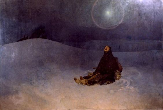 Night scene by Alphonse Mucha showing a lone woman seated on snowy dunes, cloaked and looking upward toward a small star encircled by a faint halo in a deep blue sky; vast negative space of snow and sky surrounds her, creating a quiet, contemplative mood.