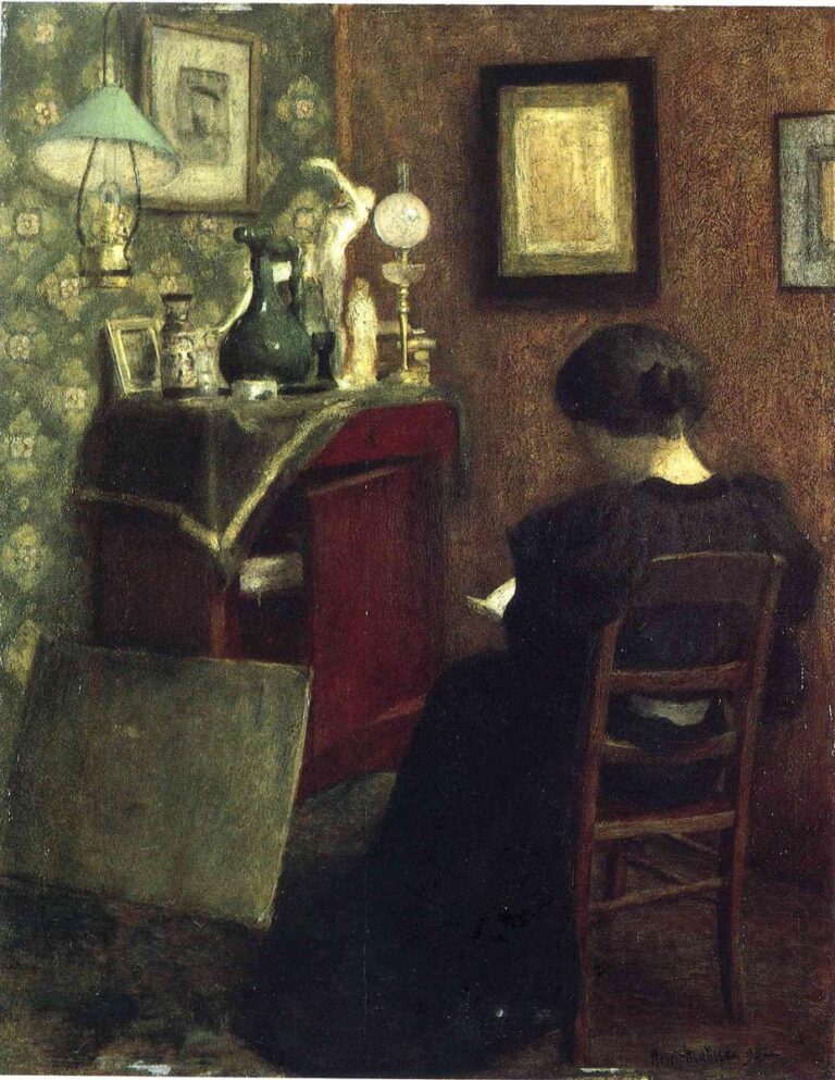 A dimly lit room with a woman seen from behind reading on a wooden chair; a corner cabinet holds bottles, a figurine, and an oil lamp beneath patterned wallpaper and framed pictures, painted by Henri Matisse in 1894.