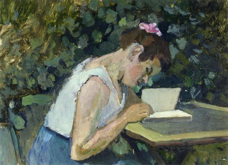 Young woman with a pink hair rosette reads at a small slanted garden table; white blouse and blue skirt glow against dense green foliage; open book lies before her; soft, cool daylight and visible brushstrokes create an intimate, contemplative mood.