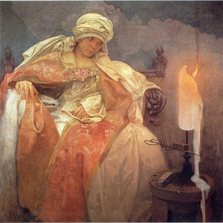 Nocturne interior by Alphonse Mucha showing a turbaned woman in layered cream and rose garments leaning toward a tall, dripping candle on a small table with matchbox and snuffer; warm candlelight models her face and cloth against a dusky background, creating a contemplative, intimate mood.