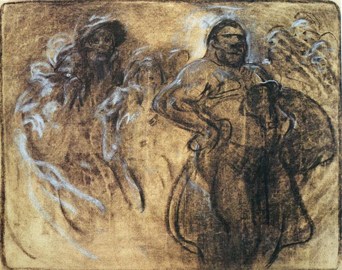Toned-paper study by Alphonse Mucha showing a muscular wrestler at right, arms braced at his hips, drawn in dense charcoal with bright chalk highlights; to the left, a hazy crowd of figures suggested by swift outlines and pale smudges; the scene feels like a pressurized arena filled with motion and heat.