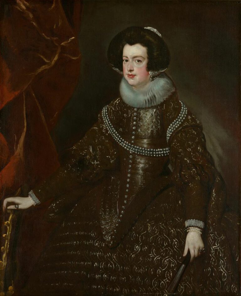 Three-quarter portrait of Queen Isabella seated before a red curtain, wearing a brown satin dress embroidered with silver and rows of pearls, a soft white ruff and small dark hat framing her face, her right hand resting on a gilded chair and her left holding a closed fan.