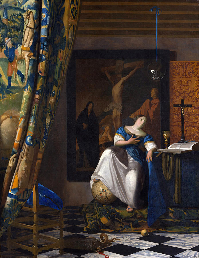 Richly staged interior with a woman in blue and white gazing upward at a hanging glass sphere, seated near an altar with crucifix, chalice, and open book; a large Crucifixion painting, patterned curtain, crushed serpent, and globe complete the allegorical scene.