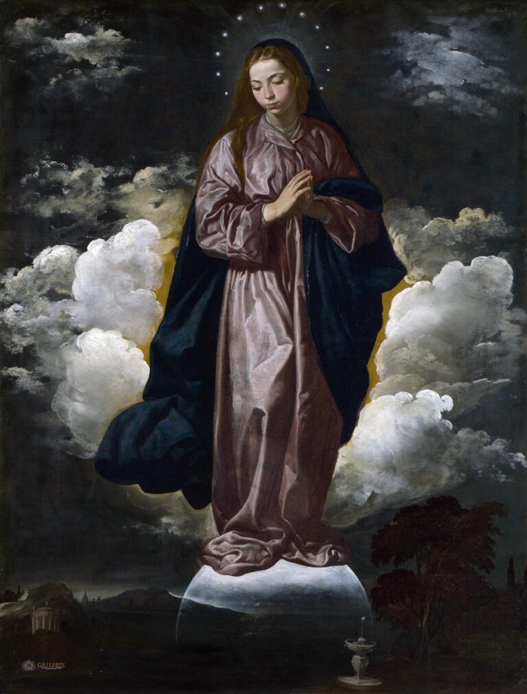 The Virgin Mary stands with hands folded on a glowing crescent above a dark landscape, surrounded by billowing clouds and a ring of small stars; her rose tunic and deep blue mantle are illuminated by a soft golden halo against a stormy sky.