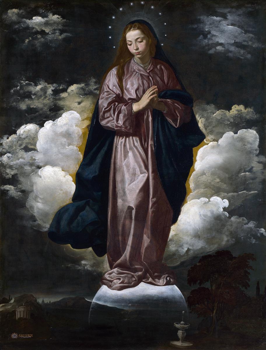The Virgin Mary stands with hands folded on a glowing crescent above a dark landscape, surrounded by billowing clouds and a ring of small stars; her rose tunic and deep blue mantle are illuminated by a soft golden halo against a stormy sky.