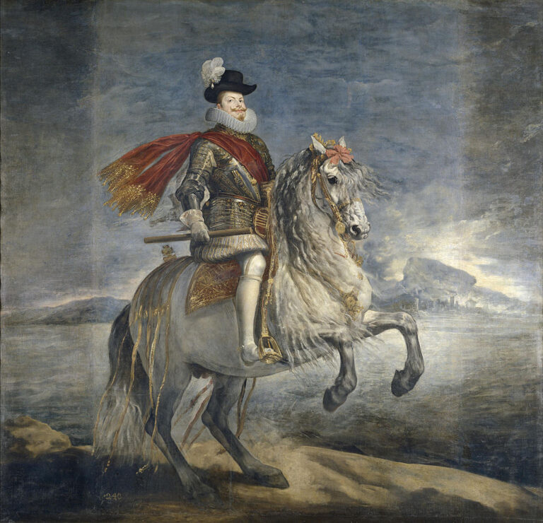 Philip III sits in armor on a rearing grey horse, wearing a black hat with white plume and a red sash that blows in the wind; a silvery sky and distant shoreline recede behind him as he holds a commander’s baton and rides with calm authority.