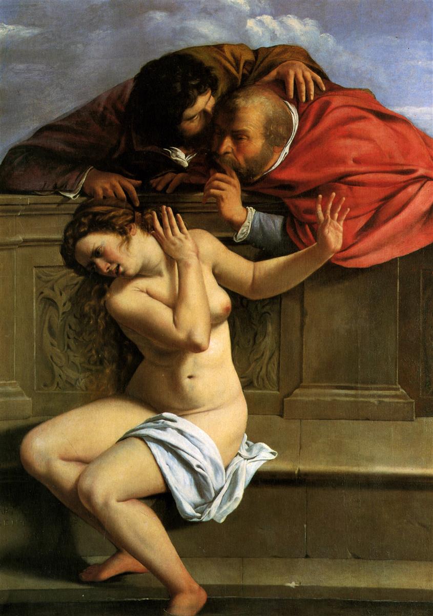 Nude Susanna recoils at the edge of a stone bath while two elders lean over a parapet, one whispering and the other shushing; her arms cross in refusal, a small white drapery at her lap, and a blue sky lifts above the tense, compressed scene.