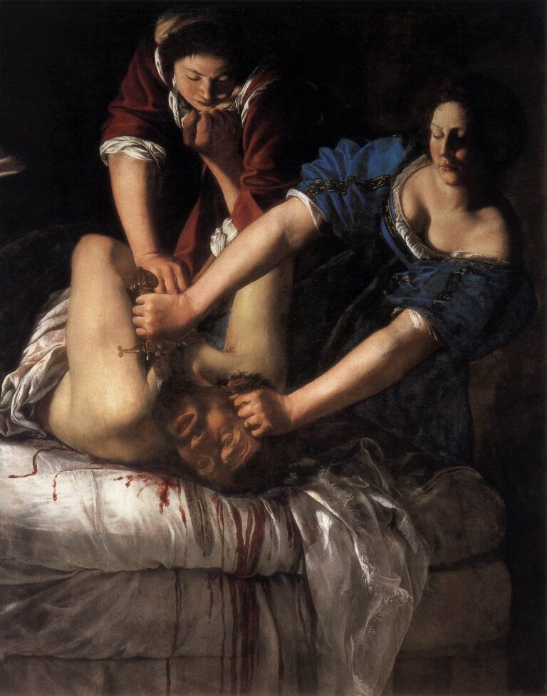 In a dark room Judith and her maid Abra pin the struggling Holofernes on a bed; Judith, in blue sleeves, drives a sword across his neck while Abra, in red, holds him down, with blood soaking white linen and light focusing the women’s resolute faces and arms.