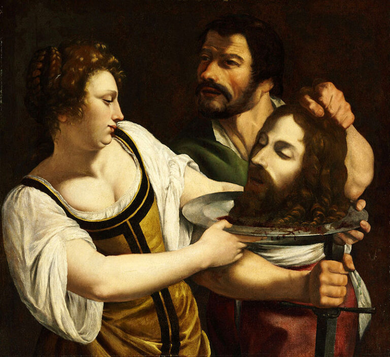 Salome, in a gold-trimmed dress, steadies a silver platter as an executioner lowers the severed head of John the Baptist onto it; strong side light models their arms and faces against a dark ground, emphasizing the plate’s bloodied rim and the focused, solemn exchange.