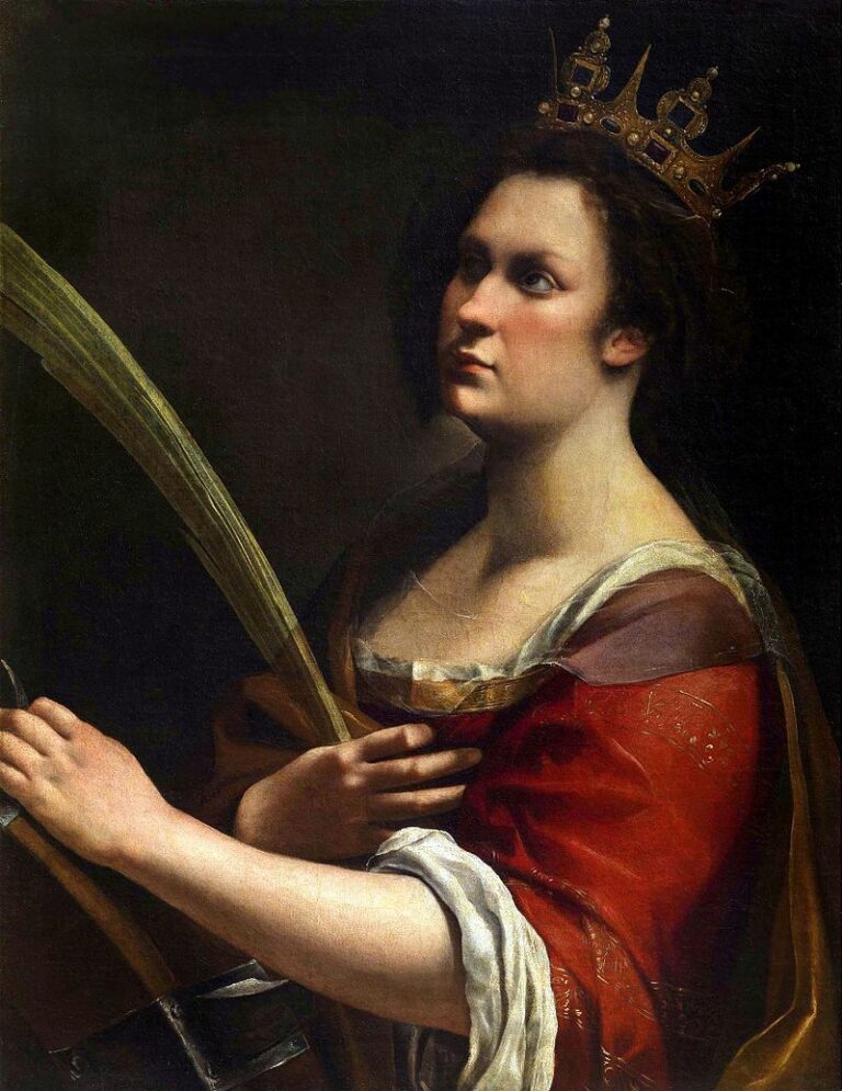 Half-length Artemisia as Saint Catherine, crowned and draped in red and gold, holds a green palm beside the broken torture wheel while looking upward in calm resolve against a dark background.