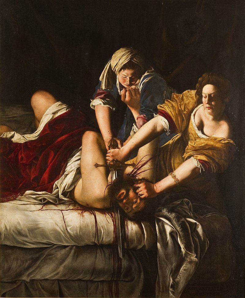 Dramatic Baroque scene of Judith and her maid Abra beheading Holofernes on a bed, strong chiaroscuro, gold and blue garments, blood staining white sheets, painted by Artemisia Gentileschi in 1620.