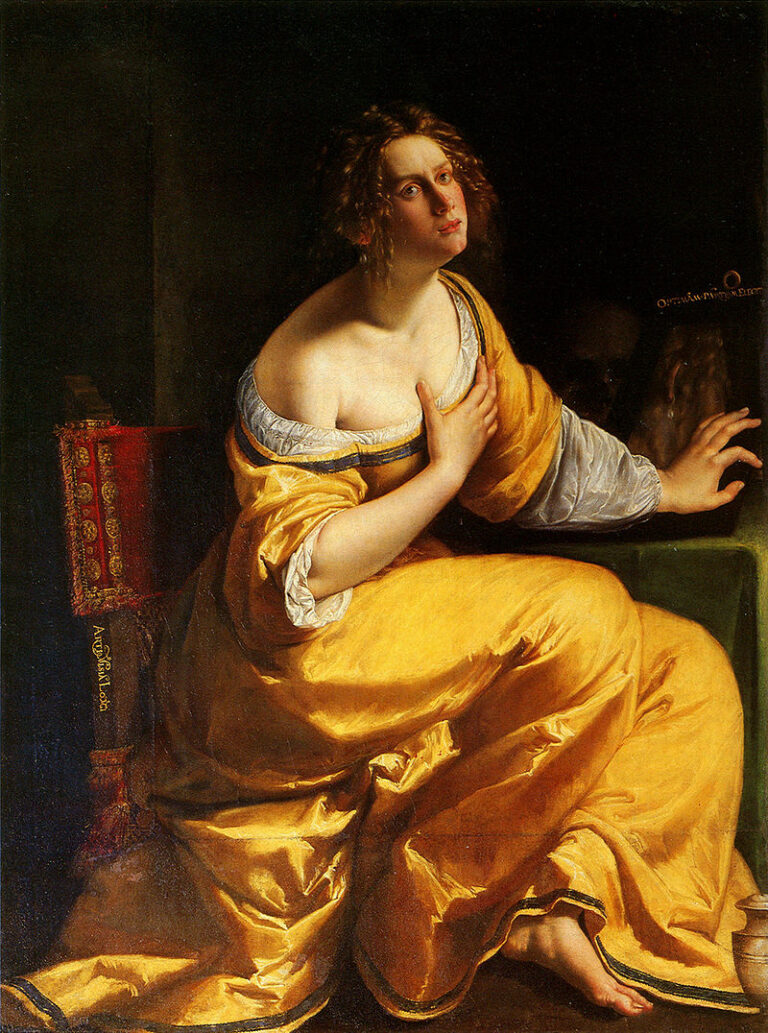Kneeling Mary Magdalene in a glowing yellow robe turns toward light with a hand over her chest while withdrawing from a shadowed table holding a mirror and ointment jar, her expression intent and reflective against a dark background.