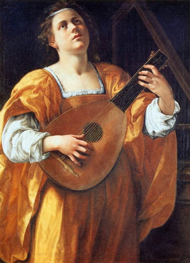 Half-length St Cecilia in a saffron robe strums a lute and looks upward, her hands poised on strings and fingerboard as warm light glows across wood, cloth, and face against a dark background.