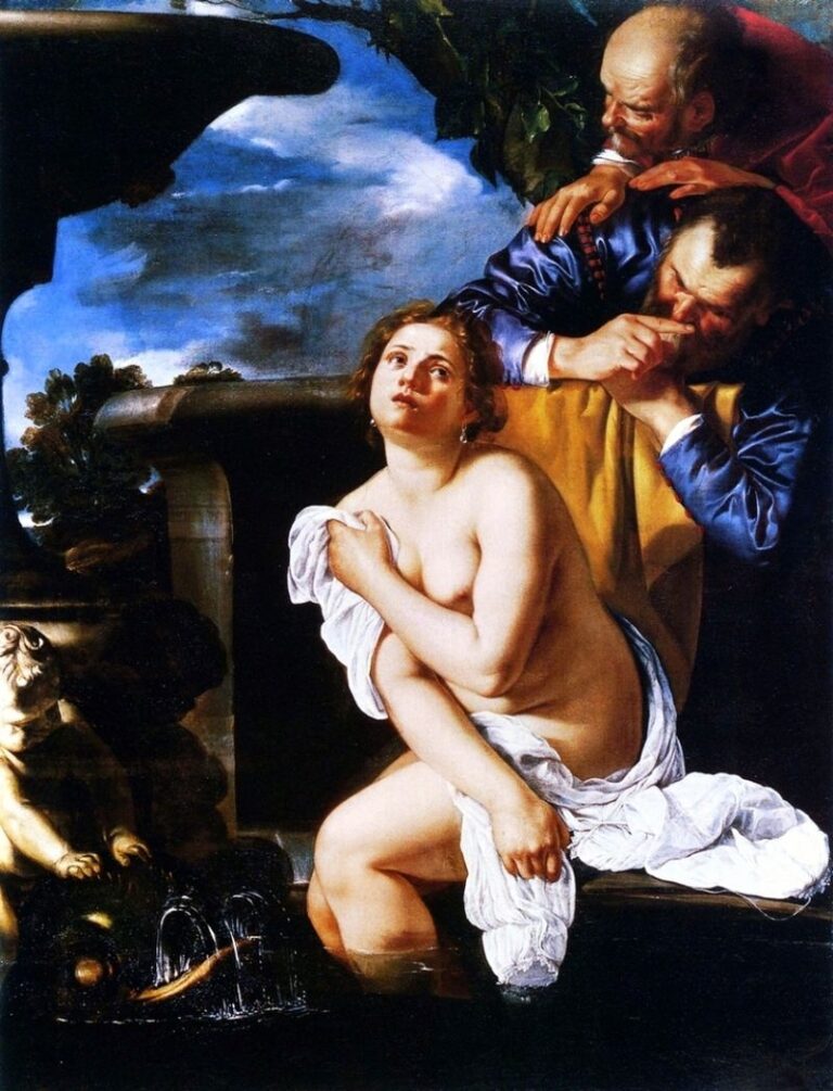 In a sunlit garden bath, a nude Susanna recoils with a white cloth clutched to her chest as two richly dressed elders lean over a wall and whisper threats; a fountain statue, dark water, and blue sky frame the tense encounter.