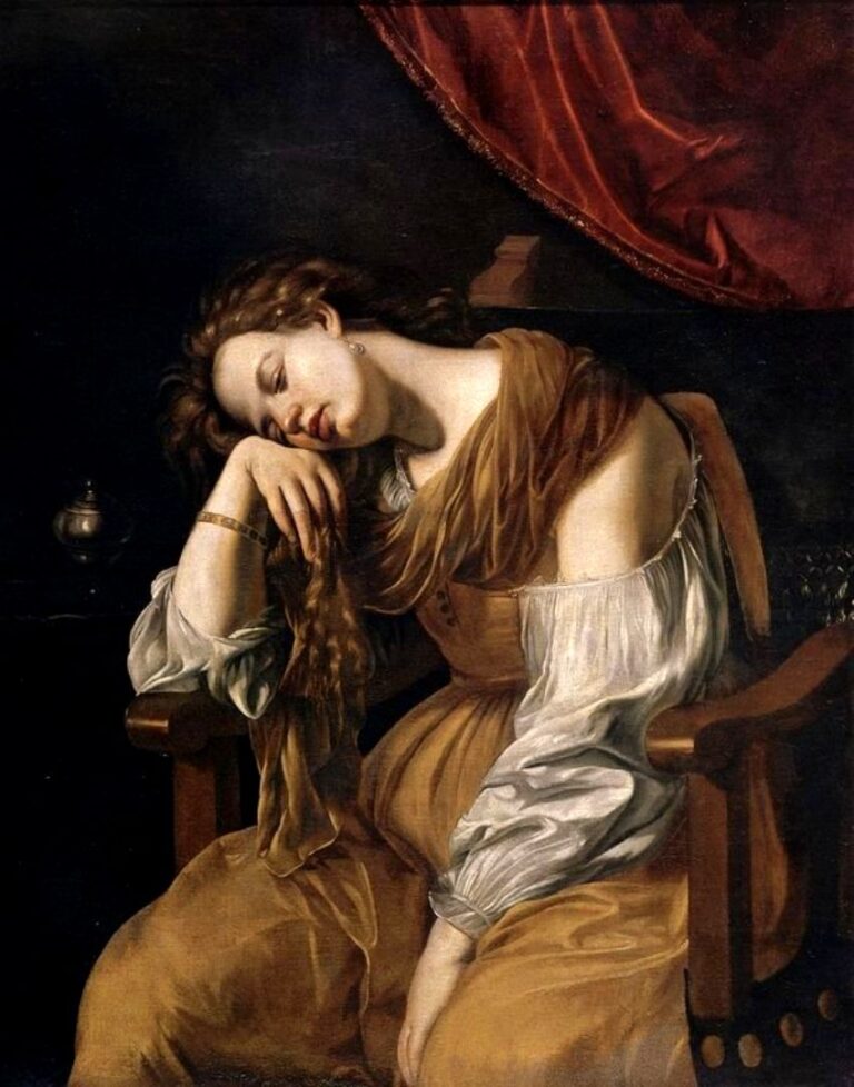 Mary Magdalene asleep in a wooden armchair under a red curtain, head resting on her hand, hair falling over her wrist, wearing an ochre dress with silvered sleeves; a small ointment jar sits in shadow on a side table against a dark background.