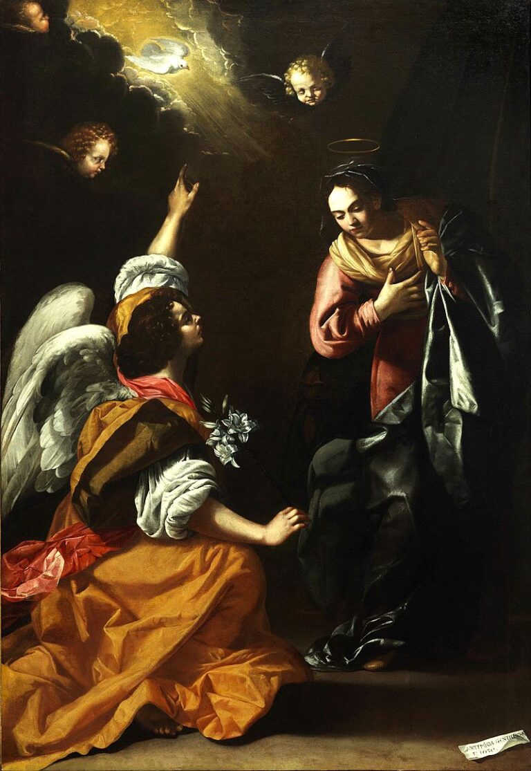 In a darkened room, the kneeling archangel Gabriel presents lilies and points to a radiant opening in the clouds where a dove descends, while Mary, haloed, gathers her mantle to her chest and bows in attentive acceptance.
