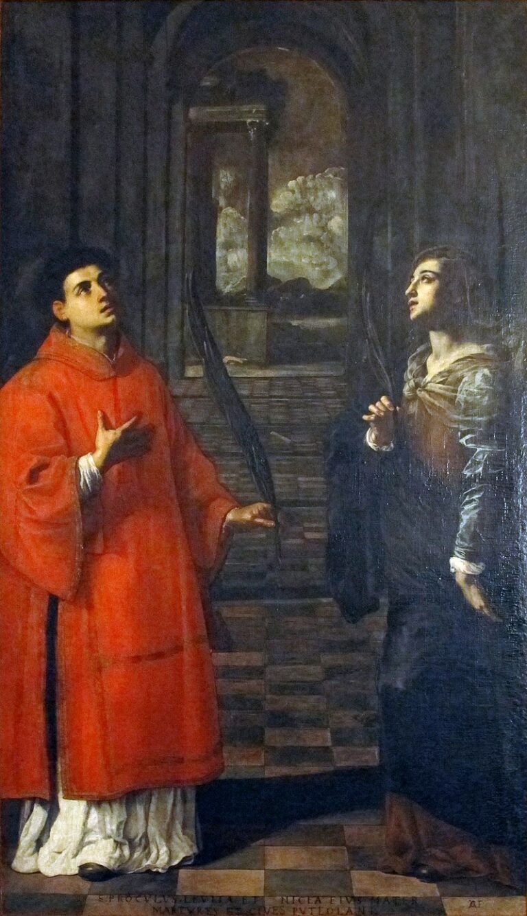 In a vaulted interior with a tiled floor and distant ruins, Saint Proculus in bright red and Saint Nicaea in cool gray face each other, each holding a palm of martyrdom, their gazes lifted as soft light falls across their composed figures.