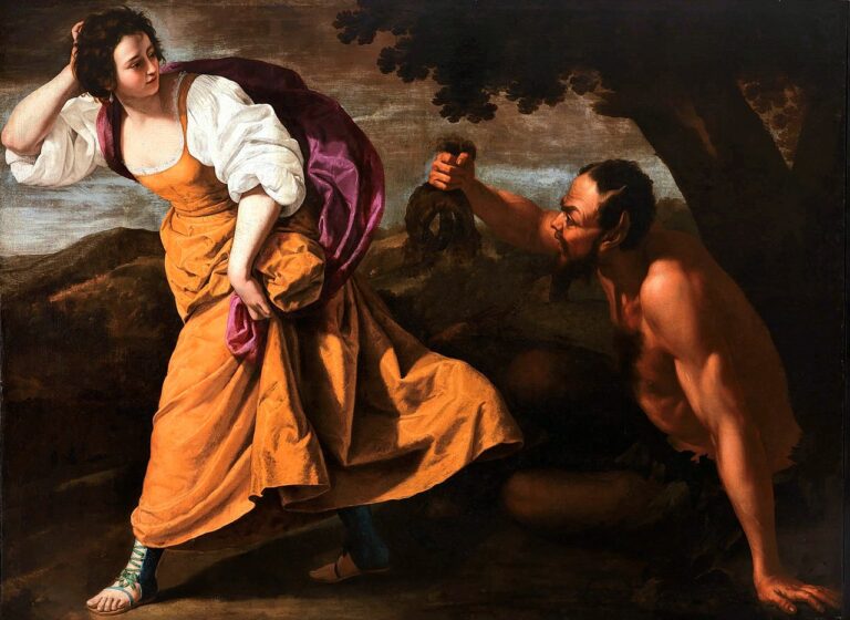 Corisca strides left in a saffron gown and white sleeves, glancing back while gathering her skirts; at right a crouching satyr under a tree lunges forward holding a braided wig, lit against a dark woodland background.