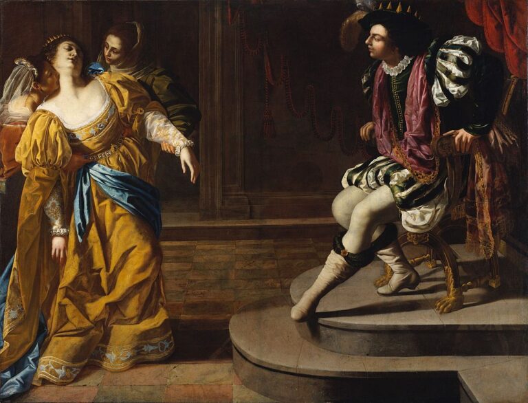 In a palace interior, Esther in a gold gown swoons forward supported by two attendants as King Ahasuerus springs from his throne on marble steps; blue sash, red curtain, and tiled floor frame the tense encounter.