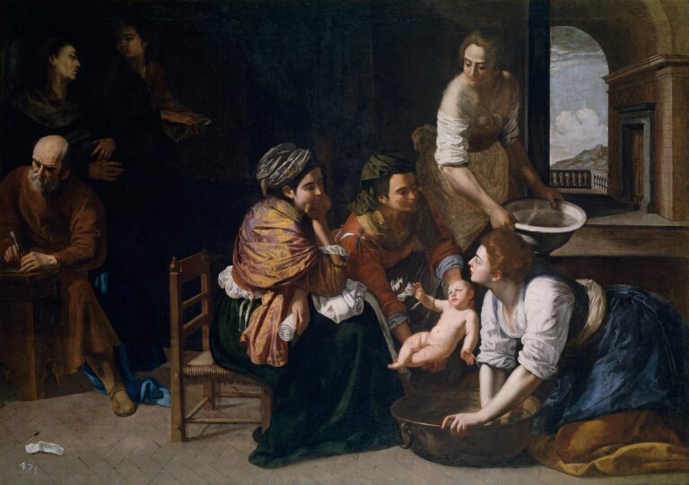 A broad interior opens to a terrace as midwives bathe a newborn in a copper basin; one woman carries a bowl of water, two seated visitors watch, and the elder Zechariah writes in shadow at left while daylight pours from the right.