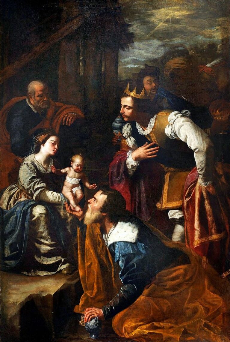 In a dim stable, Mary holds the Christ Child as a kneeling king kisses the baby’s hand; two other kings lean forward with gifts, Joseph watches at left, and a narrow star-ray descends from the cloudy sky.