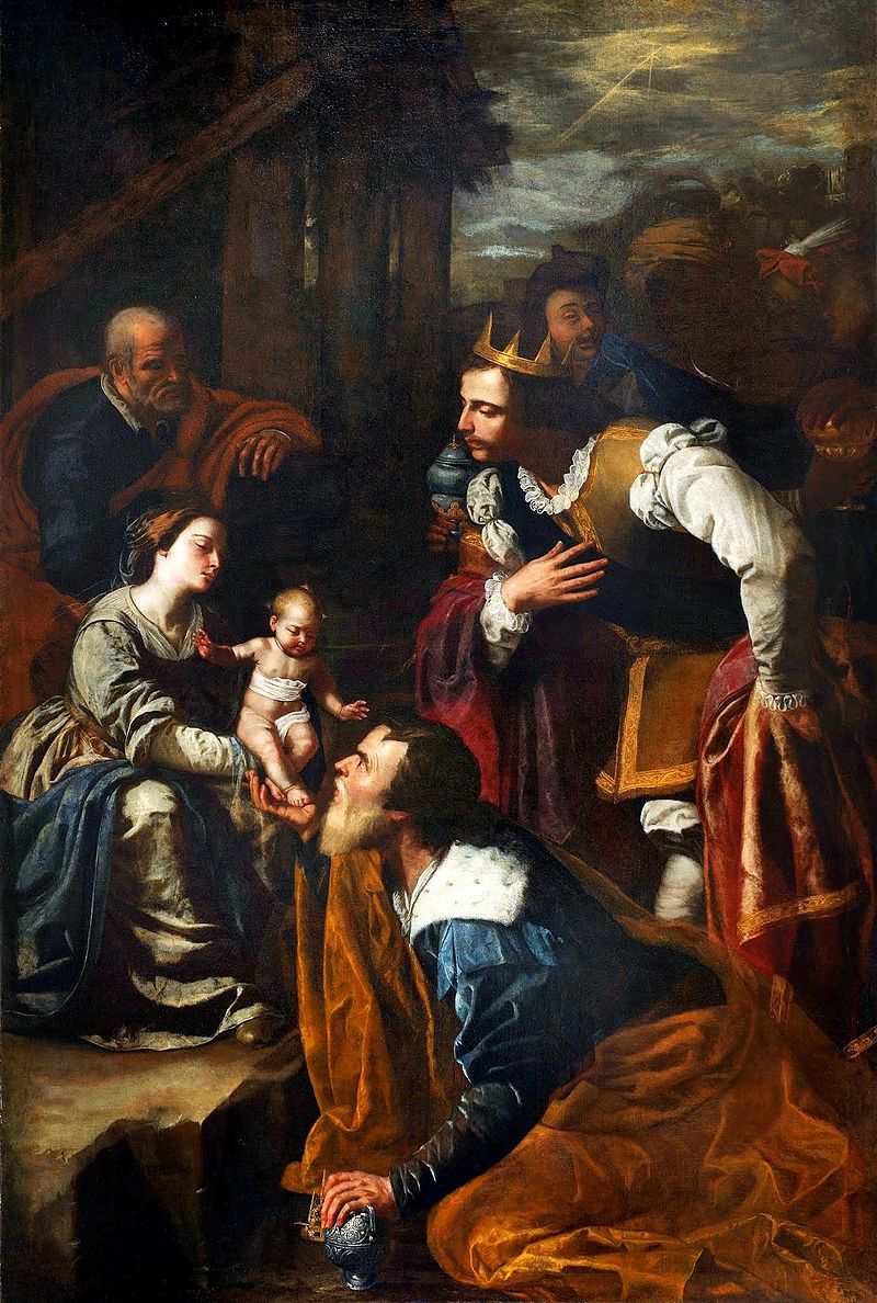 In a dim stable, Mary holds the Christ Child as a kneeling king kisses the baby’s hand; two other kings lean forward with gifts, Joseph watches at left, and a narrow star-ray descends from the cloudy sky.