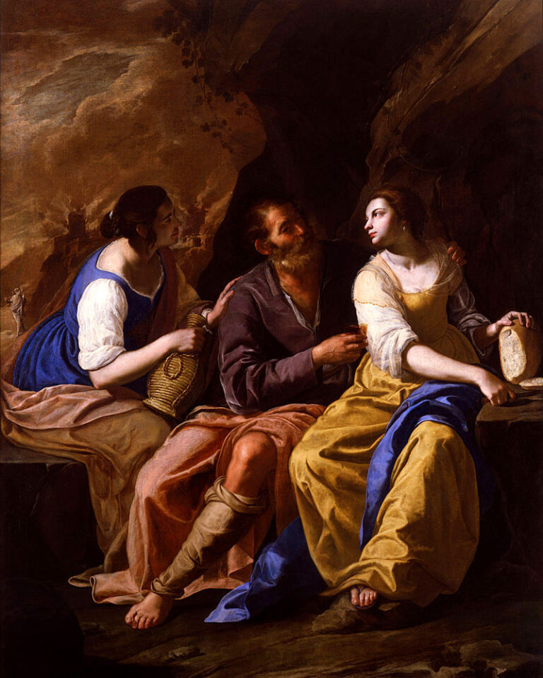 Inside a cave, Lot sits barefoot between his two daughters; the elder behind him steadies a wineskin, while the younger in a yellow gown slices bread and gazes at her father as he lifts a cup, all lit by warm, focused light against dark rock.